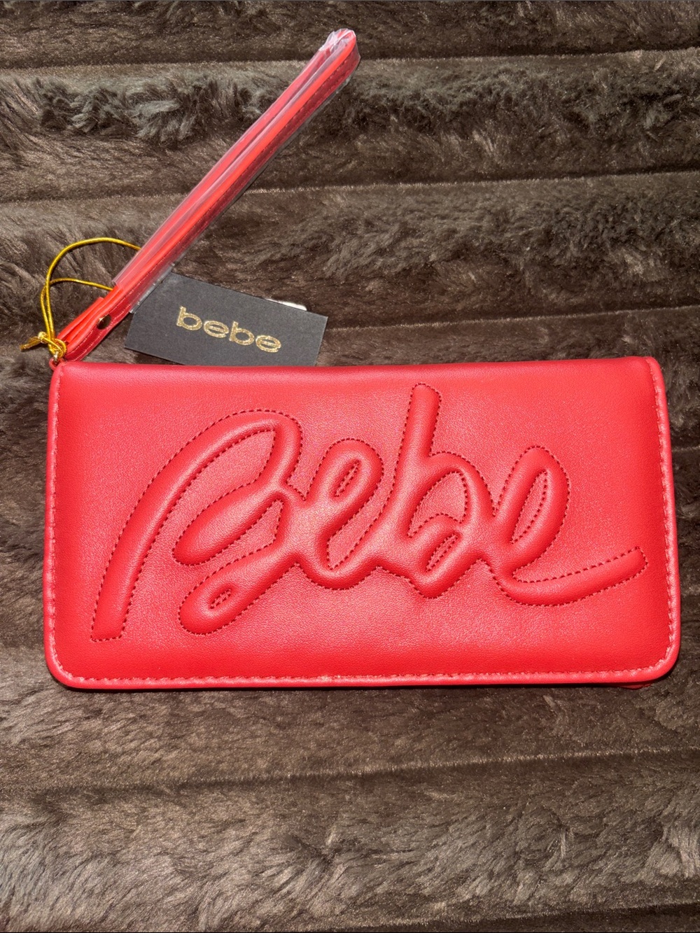BEBE Red Embossed Script walletWristlet